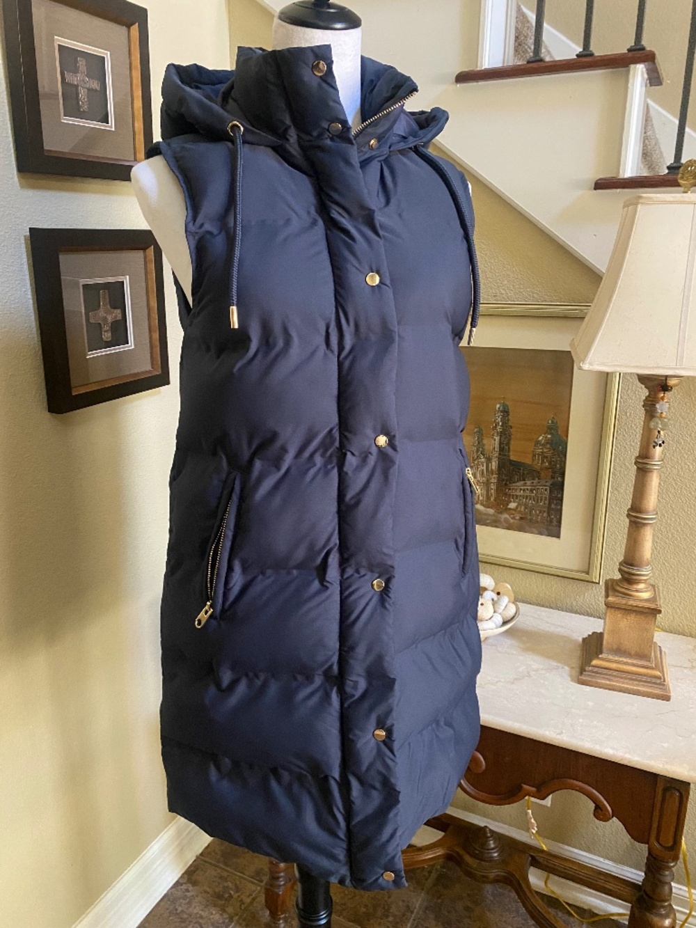 Zara Long Dark Navy Puffer Vest with hood and gold accents Size XS